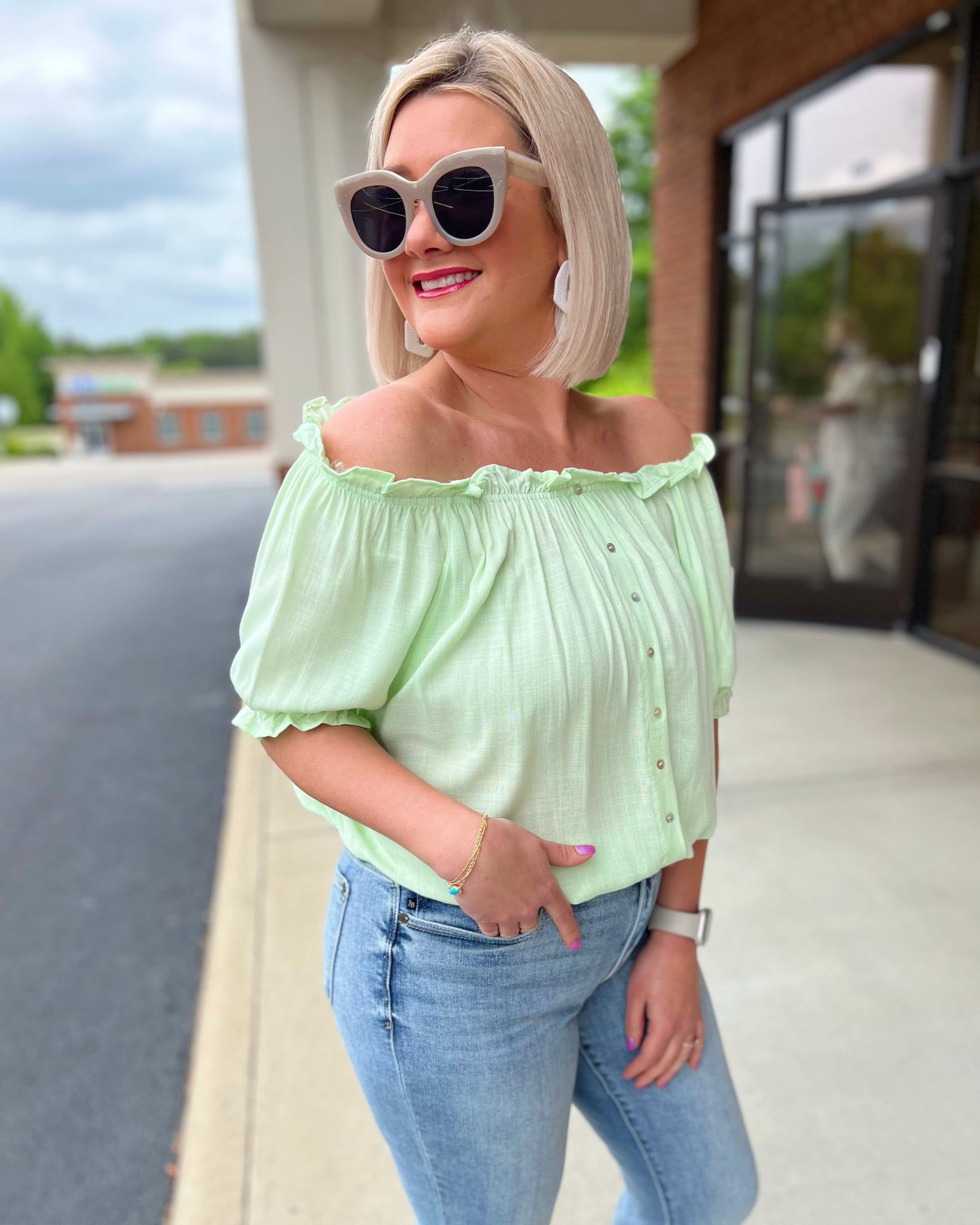 Kali Off Shoulder Blouse in Mint FINAL SALE