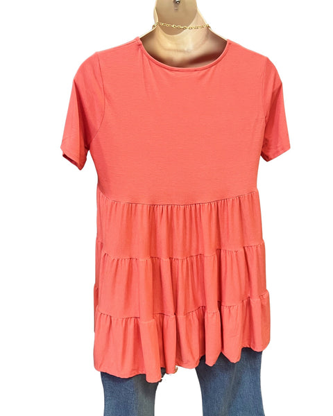 Lisa Curvy Tiered Tunic Blouse in Deep Coral FINAL SALE