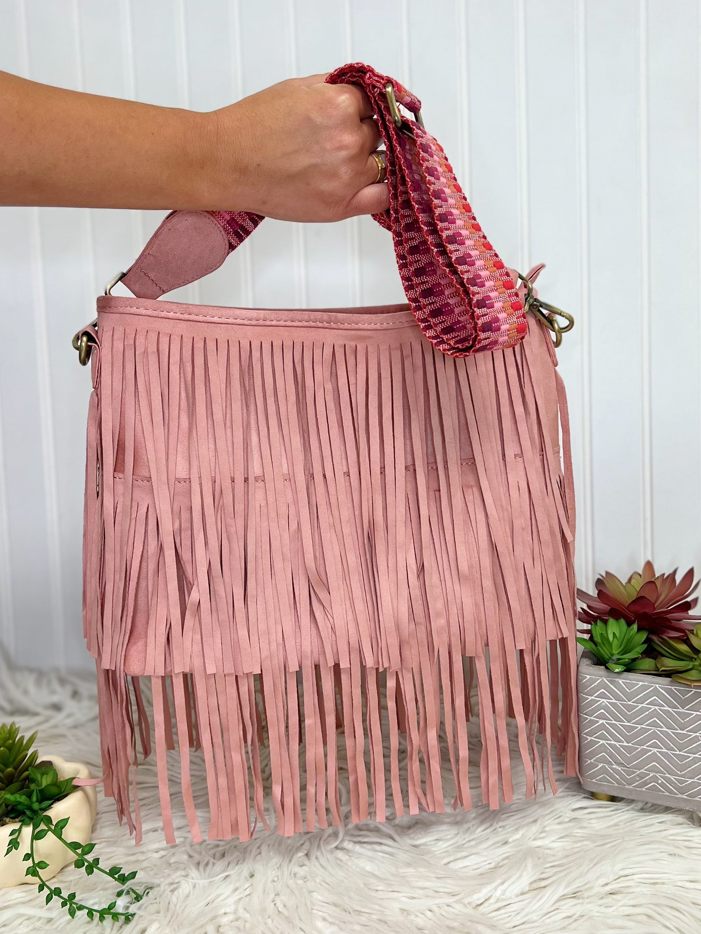 Jen & Co Sadie Suede Fringe Crossbody with Guitar Strap