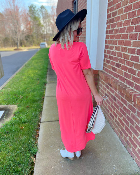 Skylar Maxi Dress in Neon Coral Pink FINAL SALE