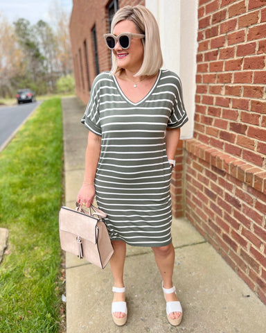 Debra Stripe Dress in Light Olive/Ivory FINAL SALE