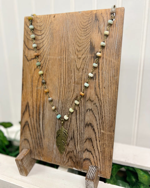 Amazonite Beaded Necklace with Antique Feather FINAL SALE