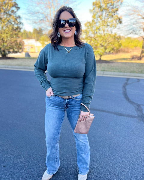 Kelly Ribbed Knit Blouse in Teal FINAL SALE