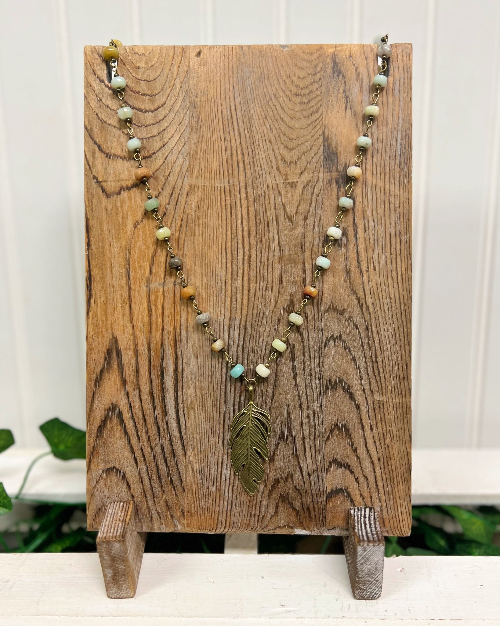 Amazonite Beaded Necklace with Antique Feather