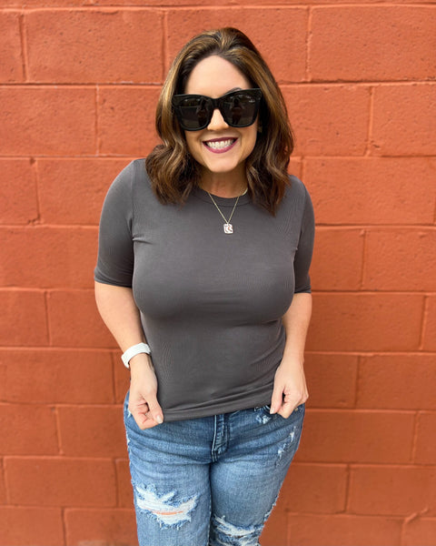 LeeAnn Ribbed Blouse in Charcoal FINAL SALE